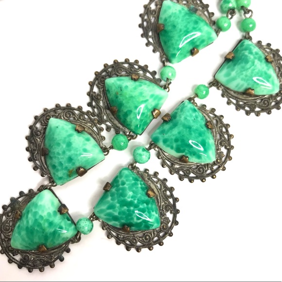 Vintage Necklace Green Czech Glass Faux Jade 1930 - Picture 8 of 11